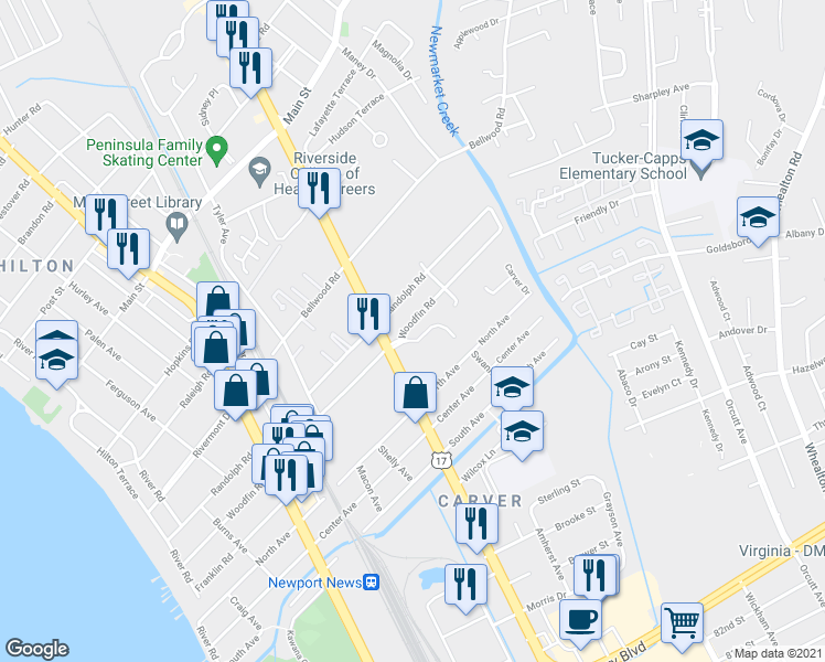map of restaurants, bars, coffee shops, grocery stores, and more near 600 Woodfin Road in Newport News