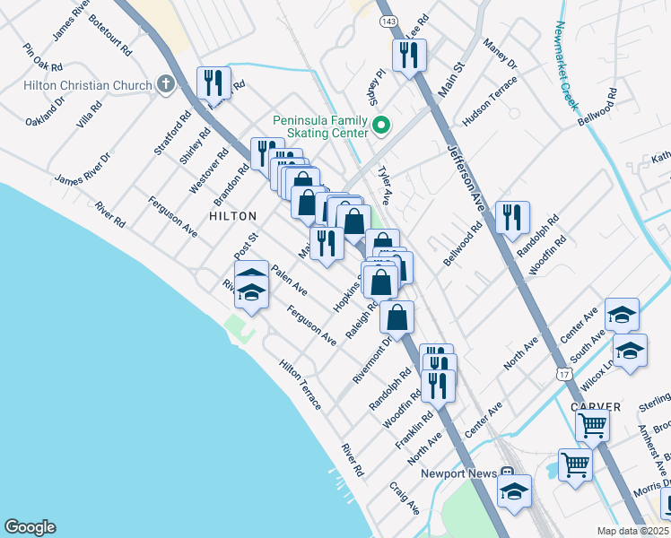 map of restaurants, bars, coffee shops, grocery stores, and more near 213 Piez Avenue in Newport News