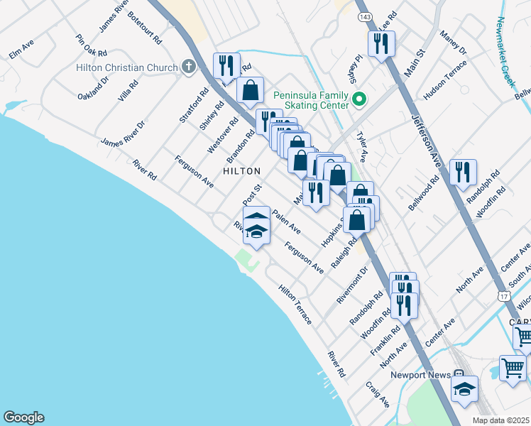 map of restaurants, bars, coffee shops, grocery stores, and more near 307 Palen Avenue in Newport News