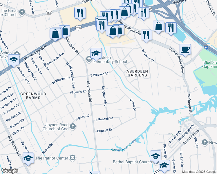 map of restaurants, bars, coffee shops, grocery stores, and more near 15 East Lewis Road in Hampton