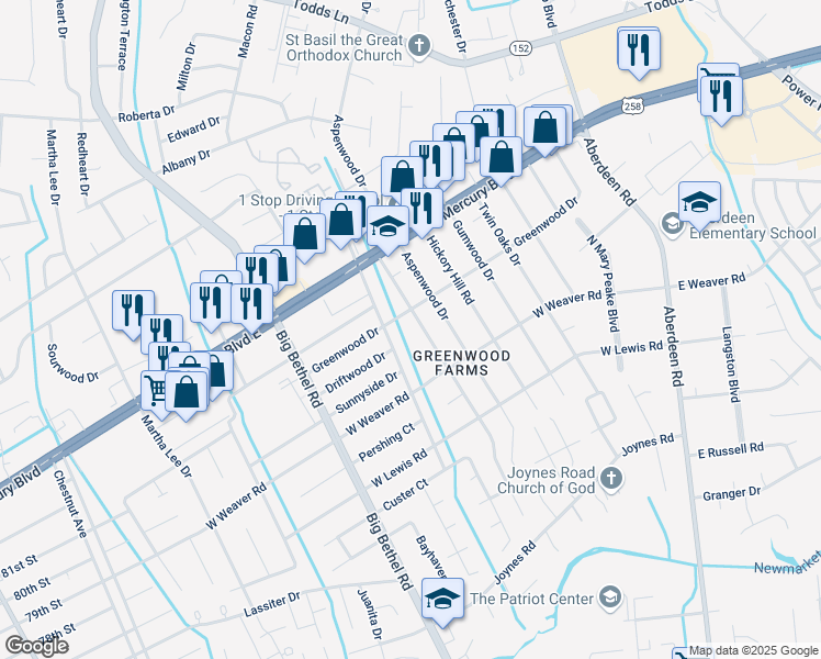 map of restaurants, bars, coffee shops, grocery stores, and more near 26 Woodbury Forrest Drive in Hampton