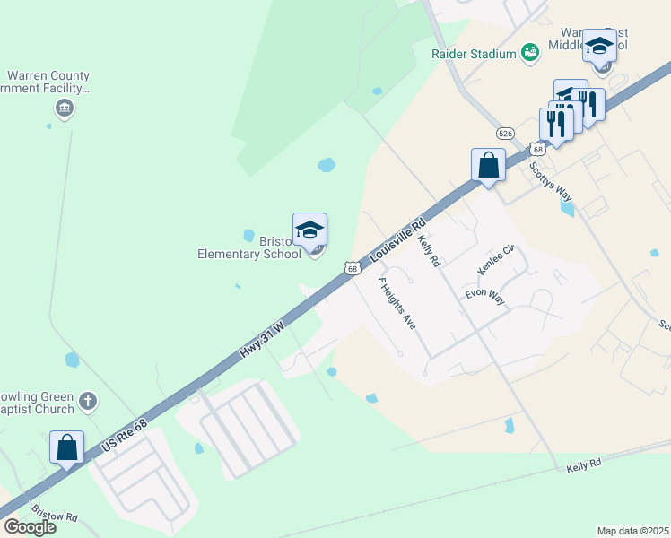 map of restaurants, bars, coffee shops, grocery stores, and more near 6151 Louisville Road in Bowling Green