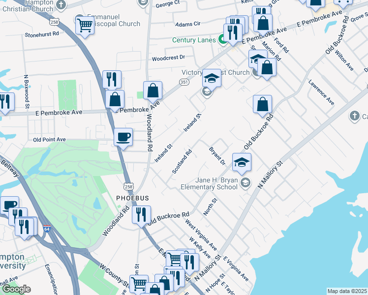 map of restaurants, bars, coffee shops, grocery stores, and more near 35 Scotland Road in Hampton
