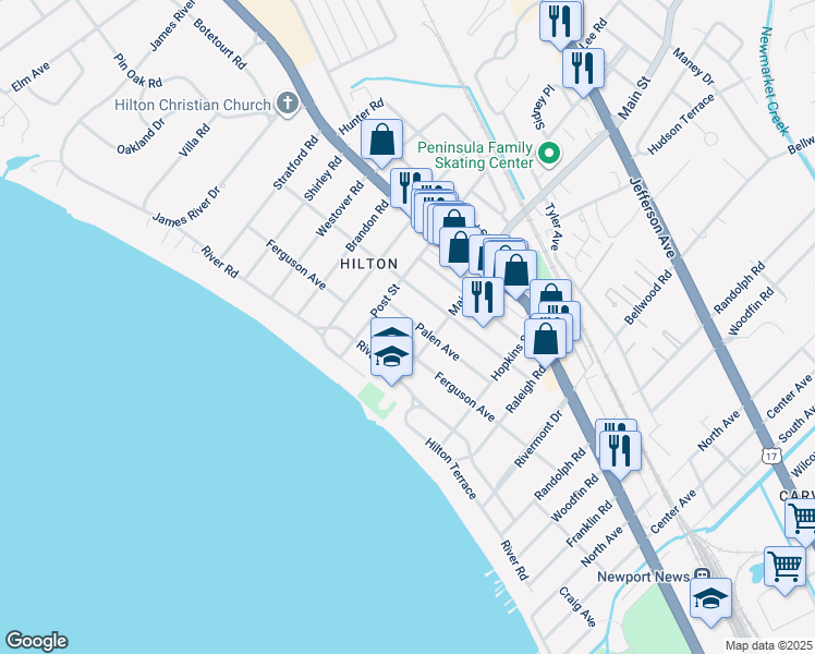 map of restaurants, bars, coffee shops, grocery stores, and more near 307 Palen Avenue in Newport News
