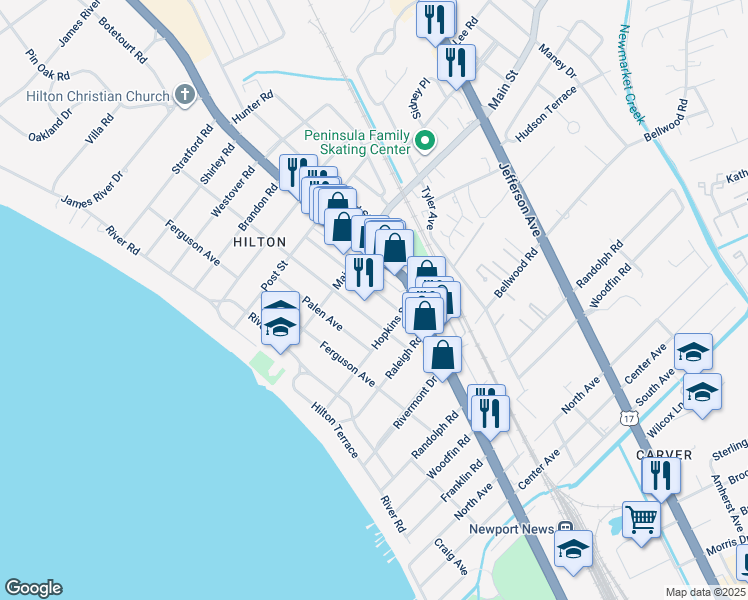map of restaurants, bars, coffee shops, grocery stores, and more near 213 Piez Avenue in Newport News