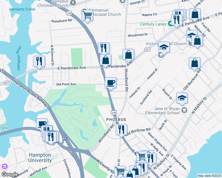 map of restaurants, bars, coffee shops, grocery stores, and more near 331 East Mercury Boulevard in Hampton