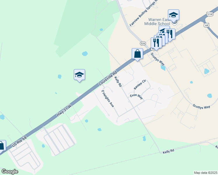 map of restaurants, bars, coffee shops, grocery stores, and more near Rocky Court in Bowling Green