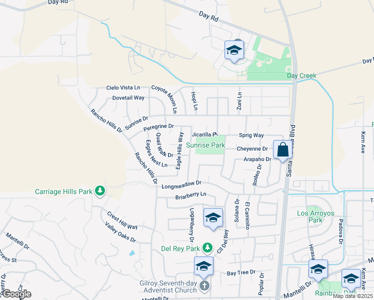 map of restaurants, bars, coffee shops, grocery stores, and more near 9525 Eagle View Way in Gilroy