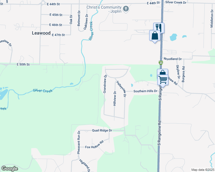 map of restaurants, bars, coffee shops, grocery stores, and more near 101-199 Hillview Dr in Joplin