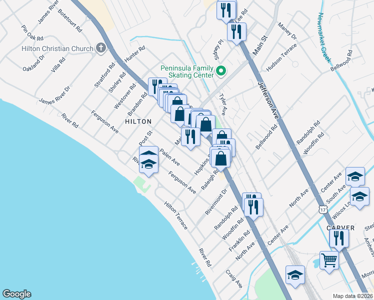 map of restaurants, bars, coffee shops, grocery stores, and more near 222 Hurley Avenue in Newport News