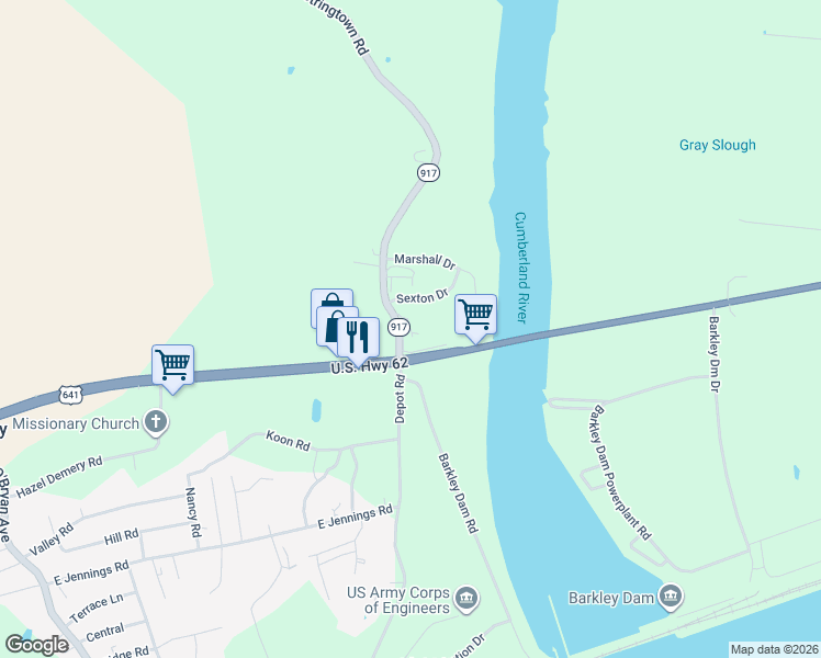 map of restaurants, bars, coffee shops, grocery stores, and more near Stringtown Rd in Grand Rivers