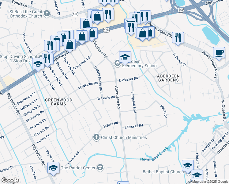 map of restaurants, bars, coffee shops, grocery stores, and more near 1205 Aberdeen Road in Hampton
