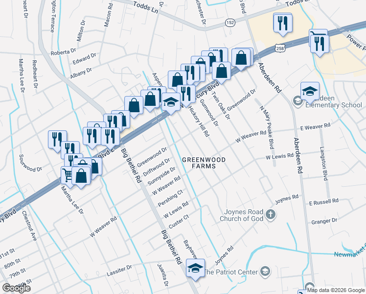 map of restaurants, bars, coffee shops, grocery stores, and more near 26 Woodbury Forrest Drive in Hampton
