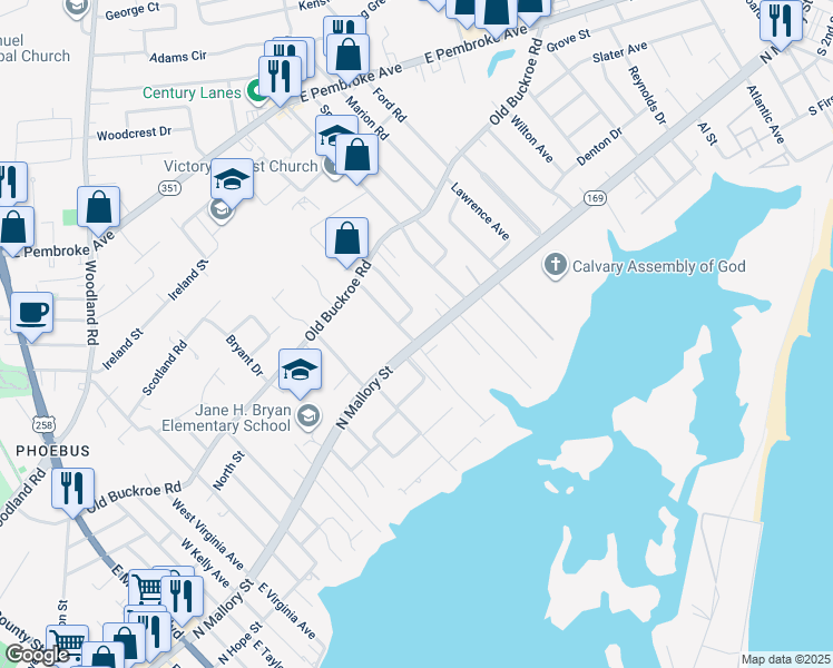 map of restaurants, bars, coffee shops, grocery stores, and more near 1323 North Mallory Street in Hampton