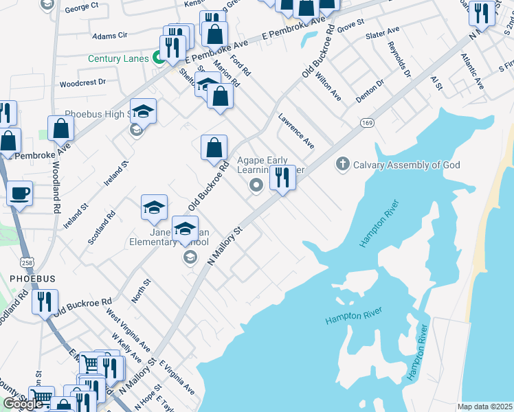 map of restaurants, bars, coffee shops, grocery stores, and more near 1323 North Mallory Street in Hampton