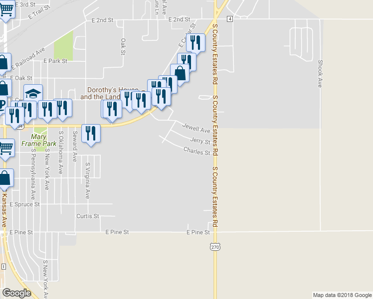 map of restaurants, bars, coffee shops, grocery stores, and more near 1261 Charles Street in Liberal