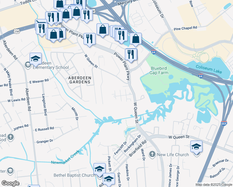 map of restaurants, bars, coffee shops, grocery stores, and more near 1303 Tides Edge Court in Hampton