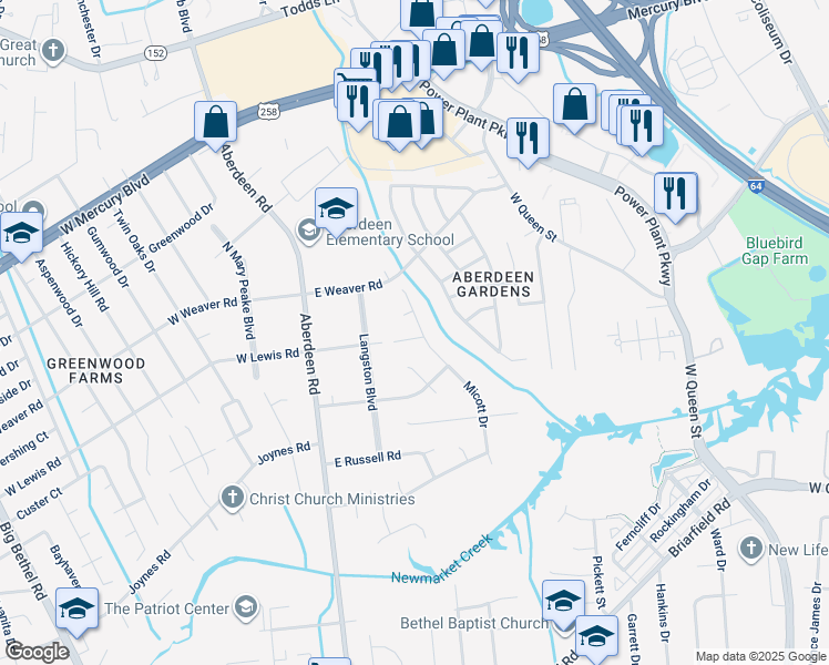 map of restaurants, bars, coffee shops, grocery stores, and more near 1201 Micott Drive in Hampton
