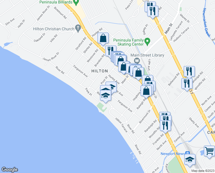 map of restaurants, bars, coffee shops, grocery stores, and more near 313 Palen Avenue in Newport News