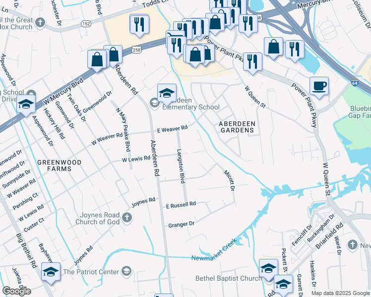 map of restaurants, bars, coffee shops, grocery stores, and more near 15 East Lewis Road in Hampton