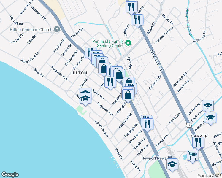 map of restaurants, bars, coffee shops, grocery stores, and more near 222 Hurley Avenue in Newport News