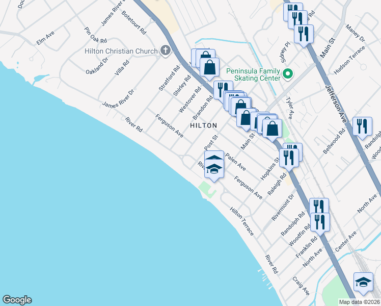 map of restaurants, bars, coffee shops, grocery stores, and more near 47 Post Street in Newport News