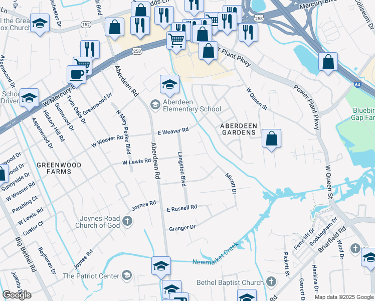 map of restaurants, bars, coffee shops, grocery stores, and more near 15 East Lewis Road in Hampton
