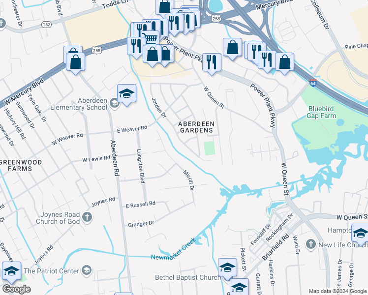 map of restaurants, bars, coffee shops, grocery stores, and more near 33 Jordan Drive in Hampton