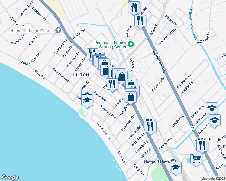 map of restaurants, bars, coffee shops, grocery stores, and more near 222 Hurley Avenue in Newport News