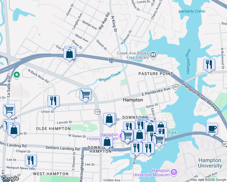 map of restaurants, bars, coffee shops, grocery stores, and more near 423 Harrison Street in Hampton