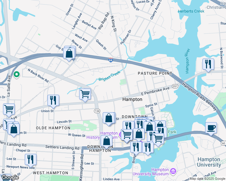 map of restaurants, bars, coffee shops, grocery stores, and more near 430 Harrison Street in Hampton
