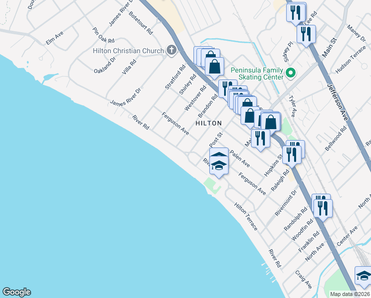 map of restaurants, bars, coffee shops, grocery stores, and more near 502 River Road in Newport News