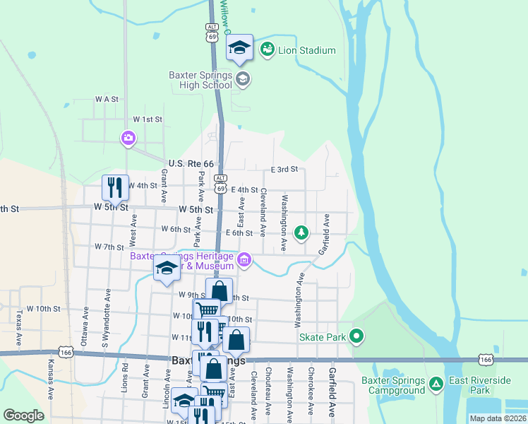 map of restaurants, bars, coffee shops, grocery stores, and more near 501 Cleveland Avenue in Baxter Springs