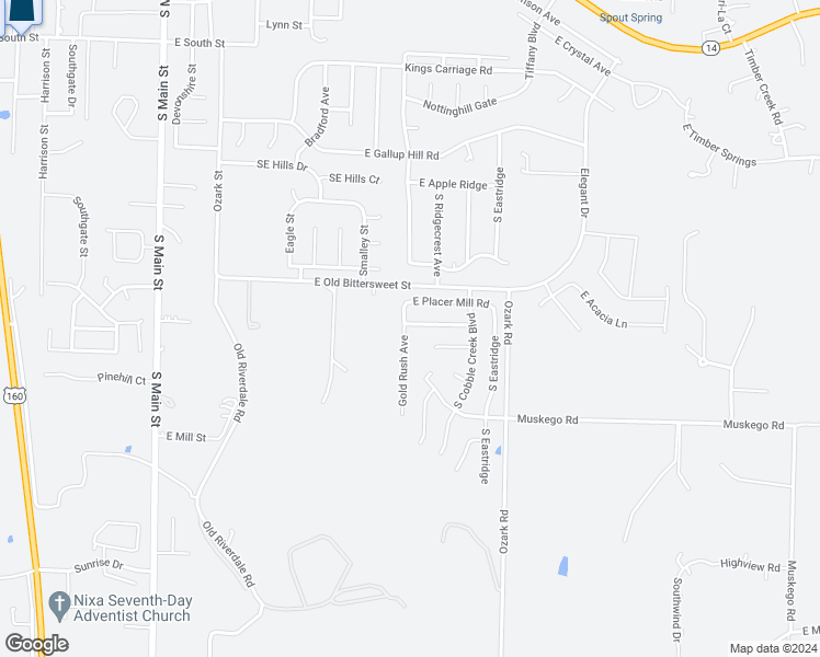 map of restaurants, bars, coffee shops, grocery stores, and more near 700 Silver Streak Road in Nixa