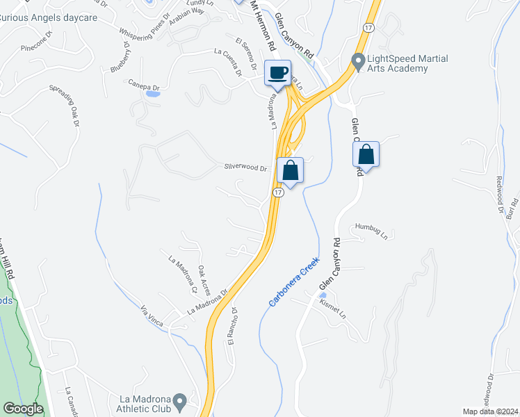 map of restaurants, bars, coffee shops, grocery stores, and more near 4143 La Madrona Drive in Santa Cruz