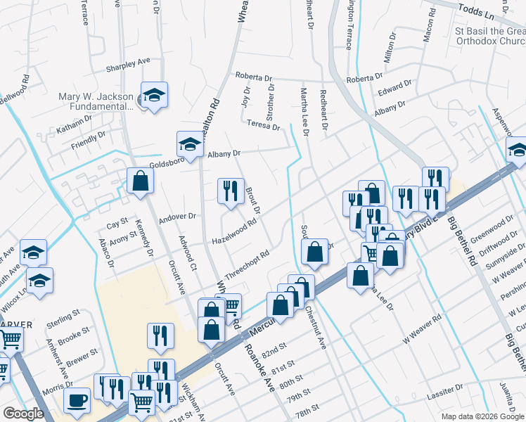 map of restaurants, bars, coffee shops, grocery stores, and more near 340 Brout Drive in Hampton
