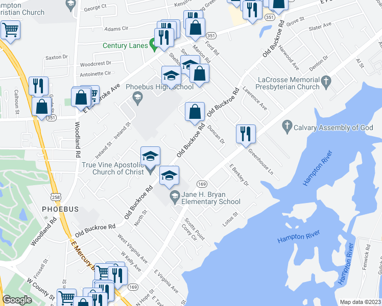 map of restaurants, bars, coffee shops, grocery stores, and more near 1214 Old Buckroe Road in Hampton