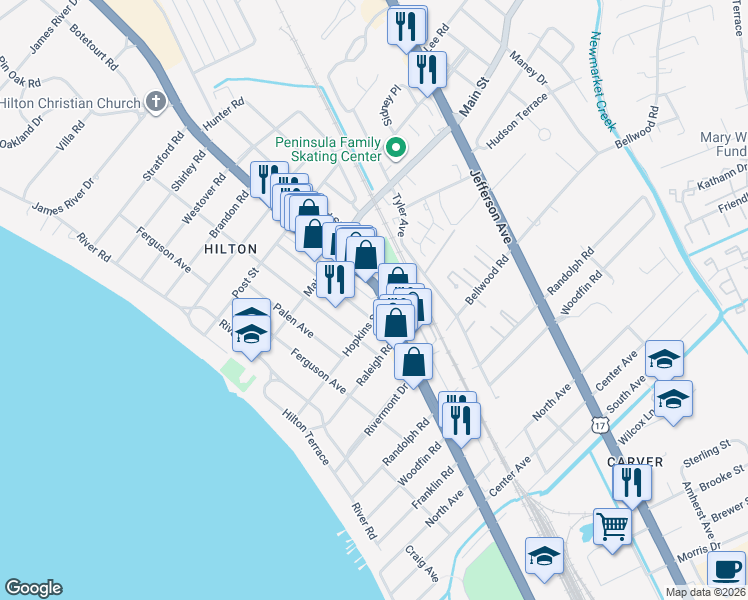 map of restaurants, bars, coffee shops, grocery stores, and more near 203 Piez Avenue in Newport News