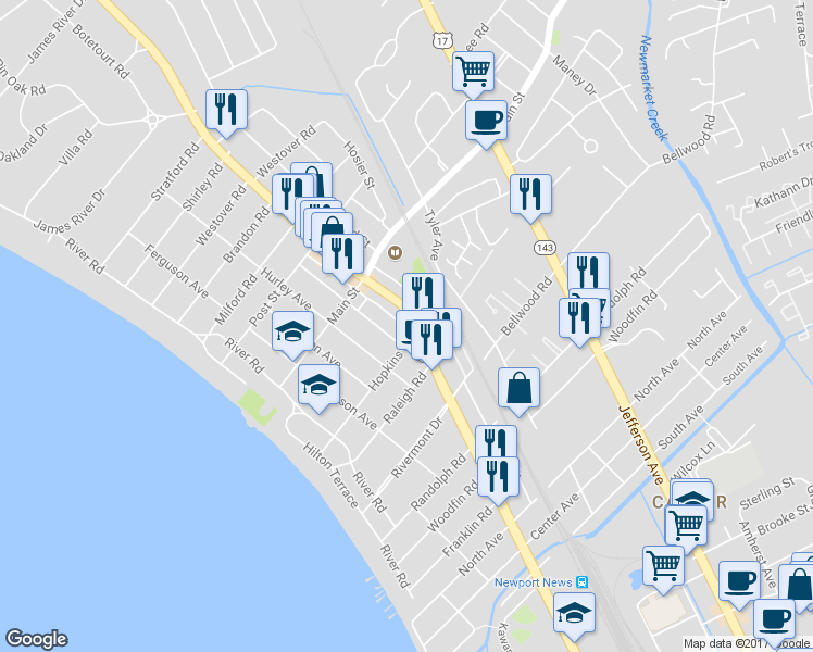 map of restaurants, bars, coffee shops, grocery stores, and more near 203 Piez Avenue in Newport News