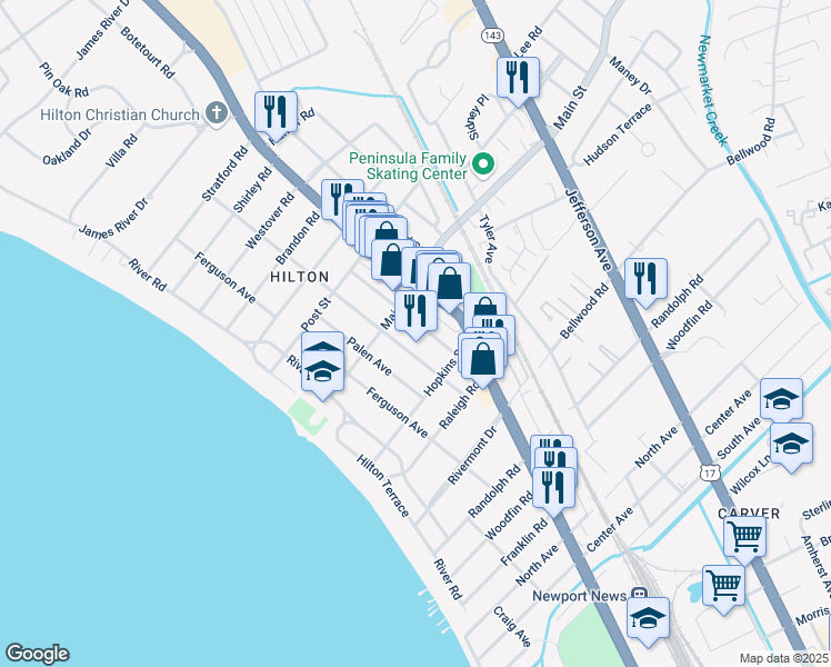 map of restaurants, bars, coffee shops, grocery stores, and more near 222 Hurley Avenue in Newport News