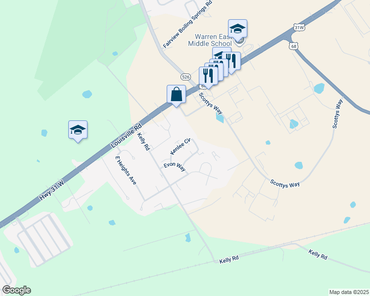 map of restaurants, bars, coffee shops, grocery stores, and more near 318 Kenlee Circle in Bowling Green