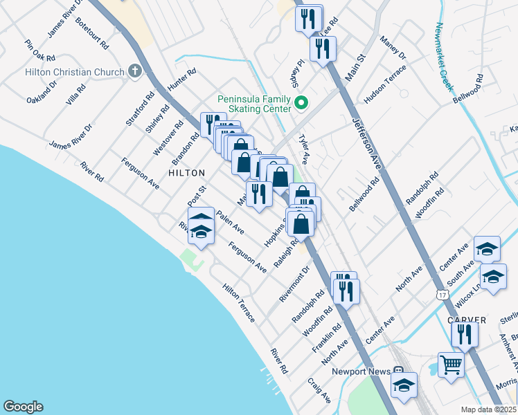 map of restaurants, bars, coffee shops, grocery stores, and more near 222 Hurley Avenue in Newport News
