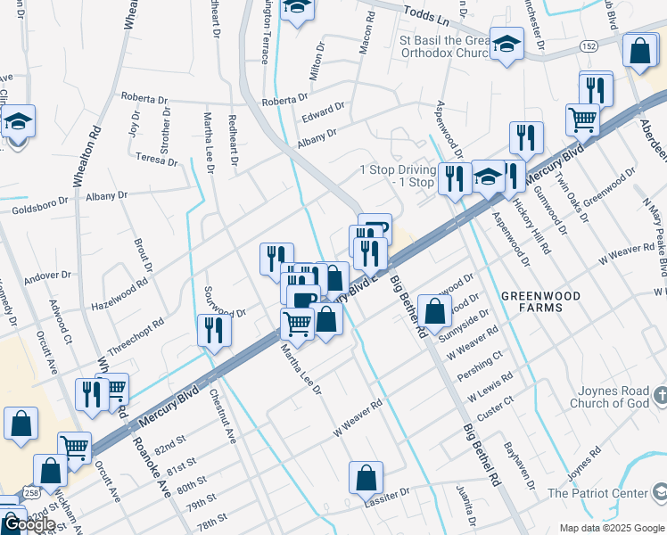 map of restaurants, bars, coffee shops, grocery stores, and more near 4000 West Mercury Boulevard in Hampton