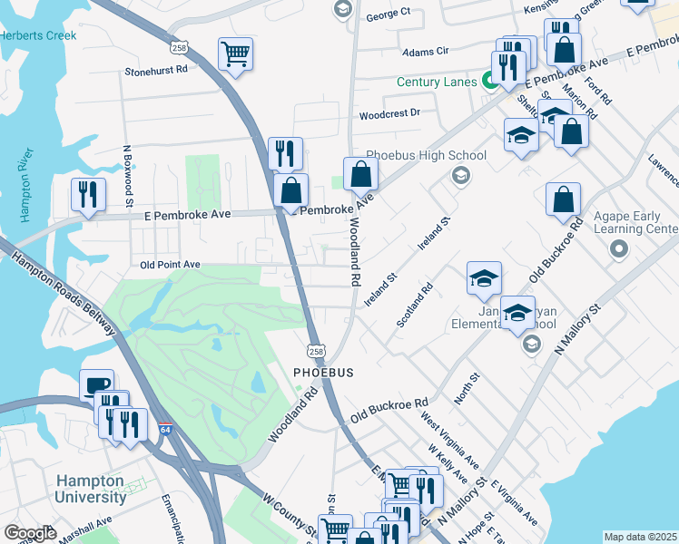 map of restaurants, bars, coffee shops, grocery stores, and more near 734 Old Point Avenue in Hampton