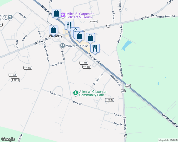 map of restaurants, bars, coffee shops, grocery stores, and more near 317 Franklin Street in Waverly
