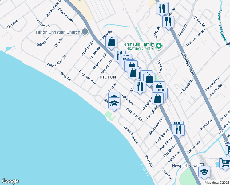 map of restaurants, bars, coffee shops, grocery stores, and more near 317 Palen Avenue in Newport News
