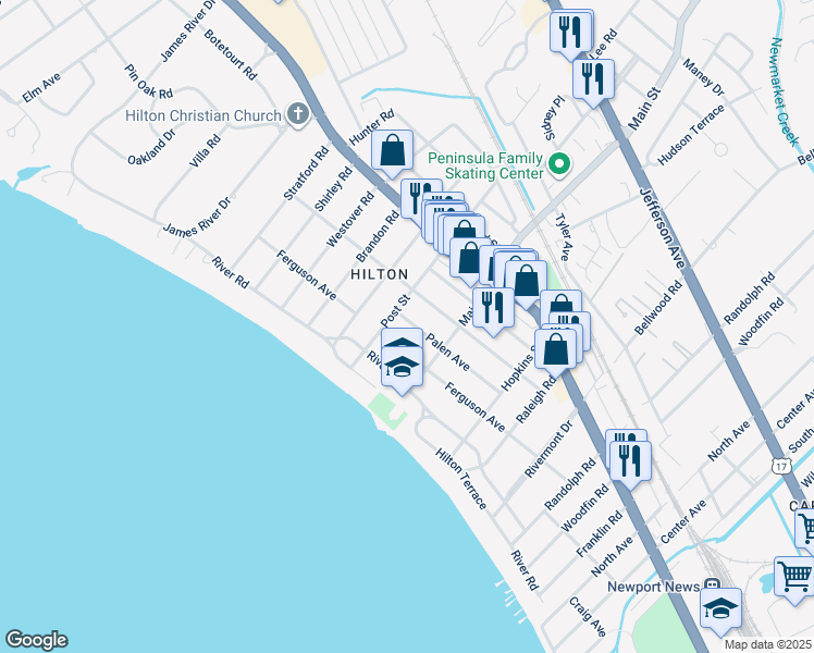 map of restaurants, bars, coffee shops, grocery stores, and more near 317 Palen Avenue in Newport News
