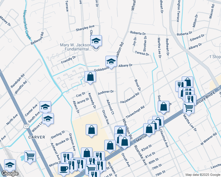 map of restaurants, bars, coffee shops, grocery stores, and more near 4905 Andover Drive in Hampton