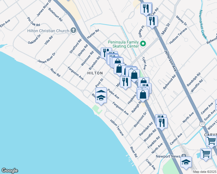 map of restaurants, bars, coffee shops, grocery stores, and more near 65 Main Street in Newport News