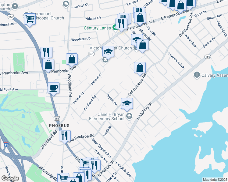 map of restaurants, bars, coffee shops, grocery stores, and more near 5 Whipple Drive in Hampton
